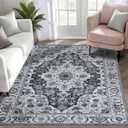 WILLSUN Washable Area Rugs, 3x5 Non-Slip Boho Large Area Rugs for Living Room, Bedroom, Machine Washable Vintage Rug, Indoor Floral Print Carpet for Home Decor, Kid & Pet Friendly Mat (Grey)