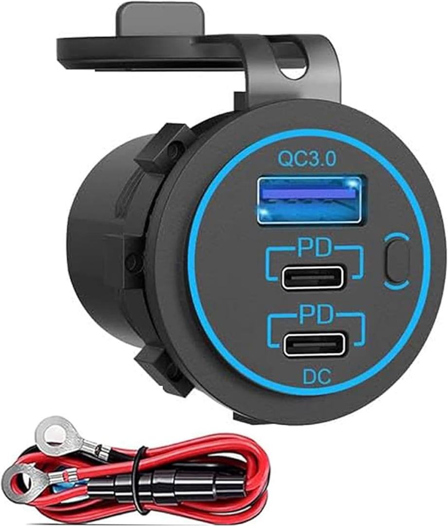 12v usb charger, PD 20W USB-C Power Socket and 18W QC3.0 Socket Waterproof Power Outlet 12V/24V with Power Switch 12V USB C Outlet for Car Golf Cart Boat Marine Bus Truck RV Marine Motorcycle 