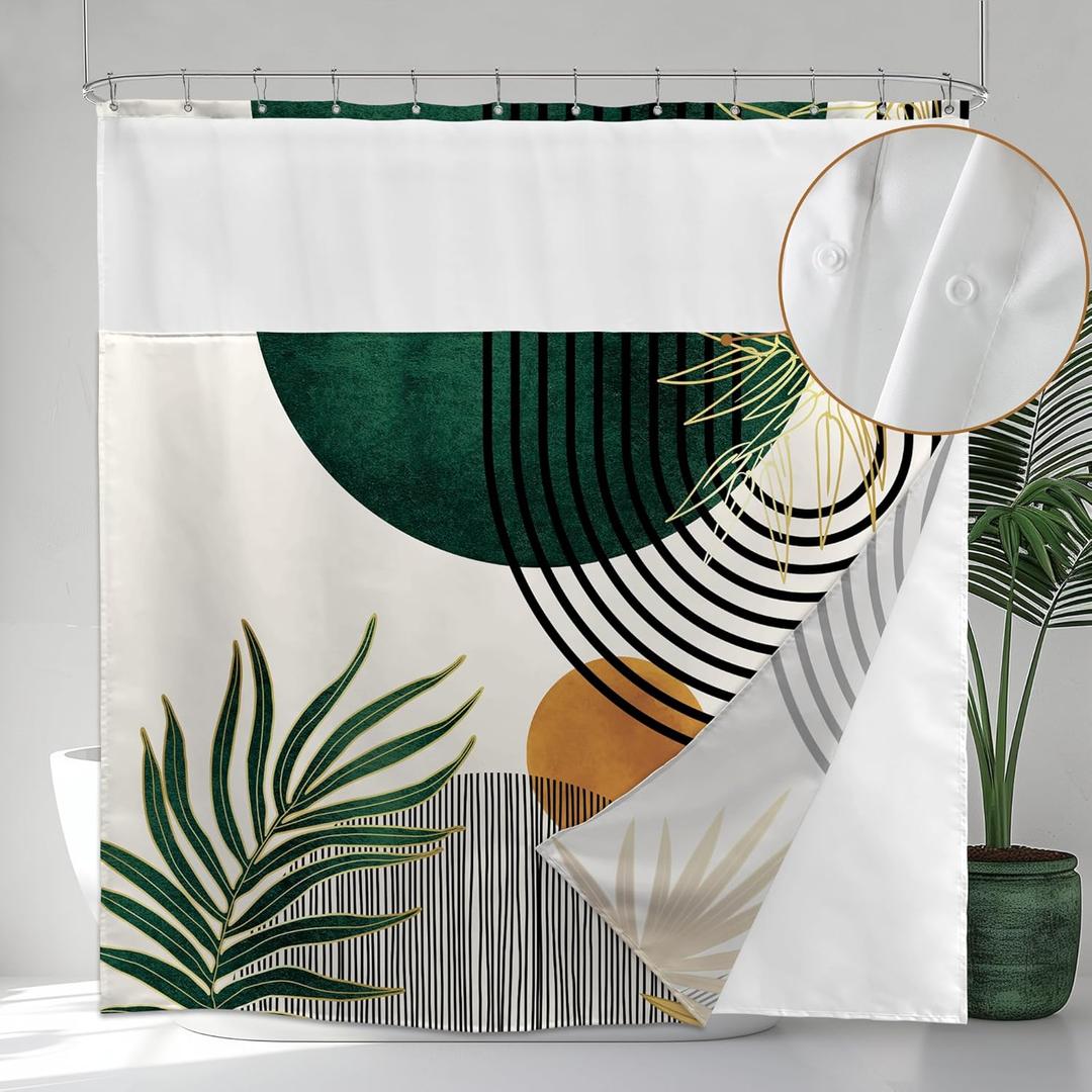 KOMLLEX Mid Century Boho Shower Curtain for Bathroom Decor Abstract Modern Sun Minimalist Aesthetic Arch Curve Leaves Geometric Neutral Fabric 12 Hooks Green 72Wx72H Shower Curtain with Snap-in Liner