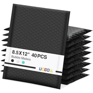 UCGOU Bubble Mailers 8.5x12 Inch 38 Pack Usable Size 8.5x11 Inch Black Padded Envelopes Medium Waterproof Packaging Bags for Shipping Self Seal Strong Adhesive Envelopes for Jewelry Makeup Supplies