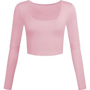 Lightweight Square Neck Crop Tops Long Sleeve Slim Fit Basic Shirts for Women (Pink, L)