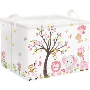 Clastyle Collapsible Large Pink Woodland Animal Baby Girl Bakset Jungle Animals Lion Giraffe Book Shelf Basket with Handle Rectangle Toy Clothes Cube Storage Basket for Kids Room
