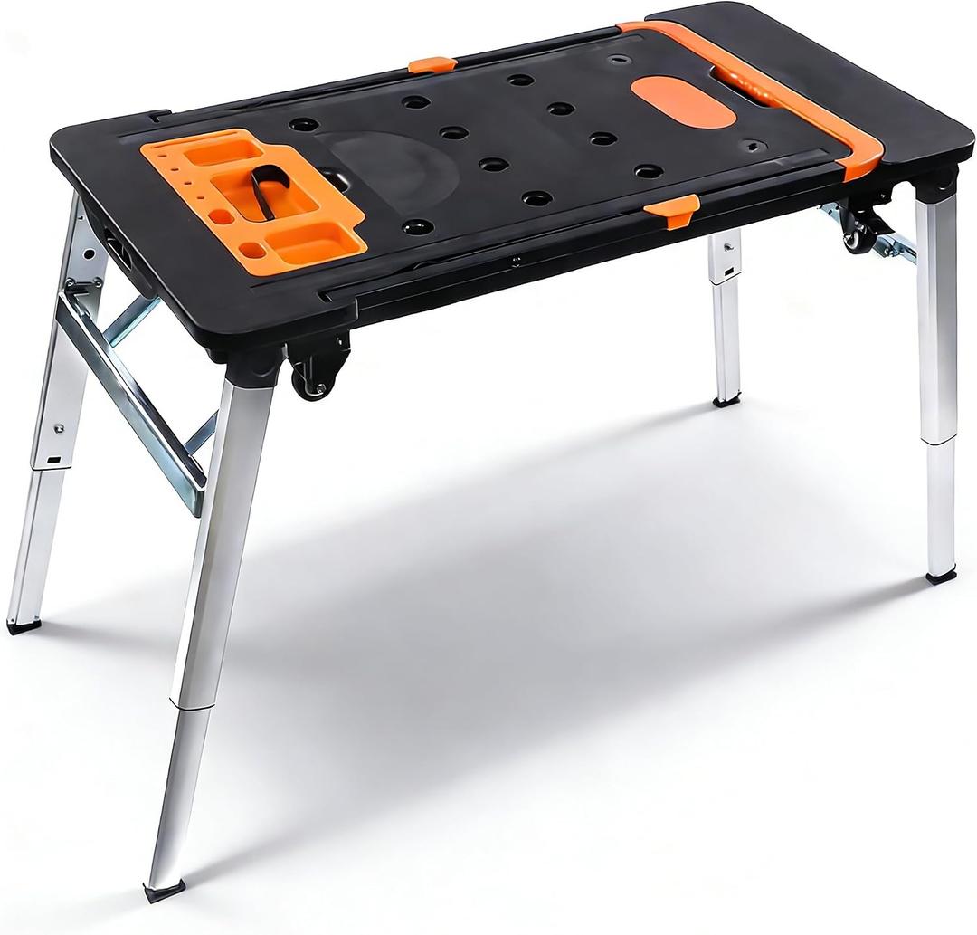 7 in 1 Work Benches Multifunctional Folding Work Table for Garage, Portable Workbench, Sawhorse, Scaffold, Platform, Mobile Workbench, Dolly and Hand Truck with 4 Wheels
