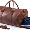 Leather Travel Bag with Shoe Pouch, Waterproof Weekender Overnight Bag,Carry On Duffel Bag for Men Women-Brown