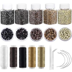 Hair Extension Tools Kit, 2500 Silicone Lined Ring Beads, 8 C/J/I Hair Needles, 5 Rolls Sewing Thread, Sew in Hair Extensions Kit for Hair Styling & Wig DIY Craft