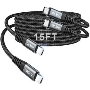 Extra Long USB C to USB C Cable 100W [15ft/1Pack] Charger Cable Fast Charging Compatible with iPhone 17/17 Pro Max, iPhone 16 Series, iPhone 15 Series, Galaxy S24/S23/S22, Car Play, MacBook, iPad