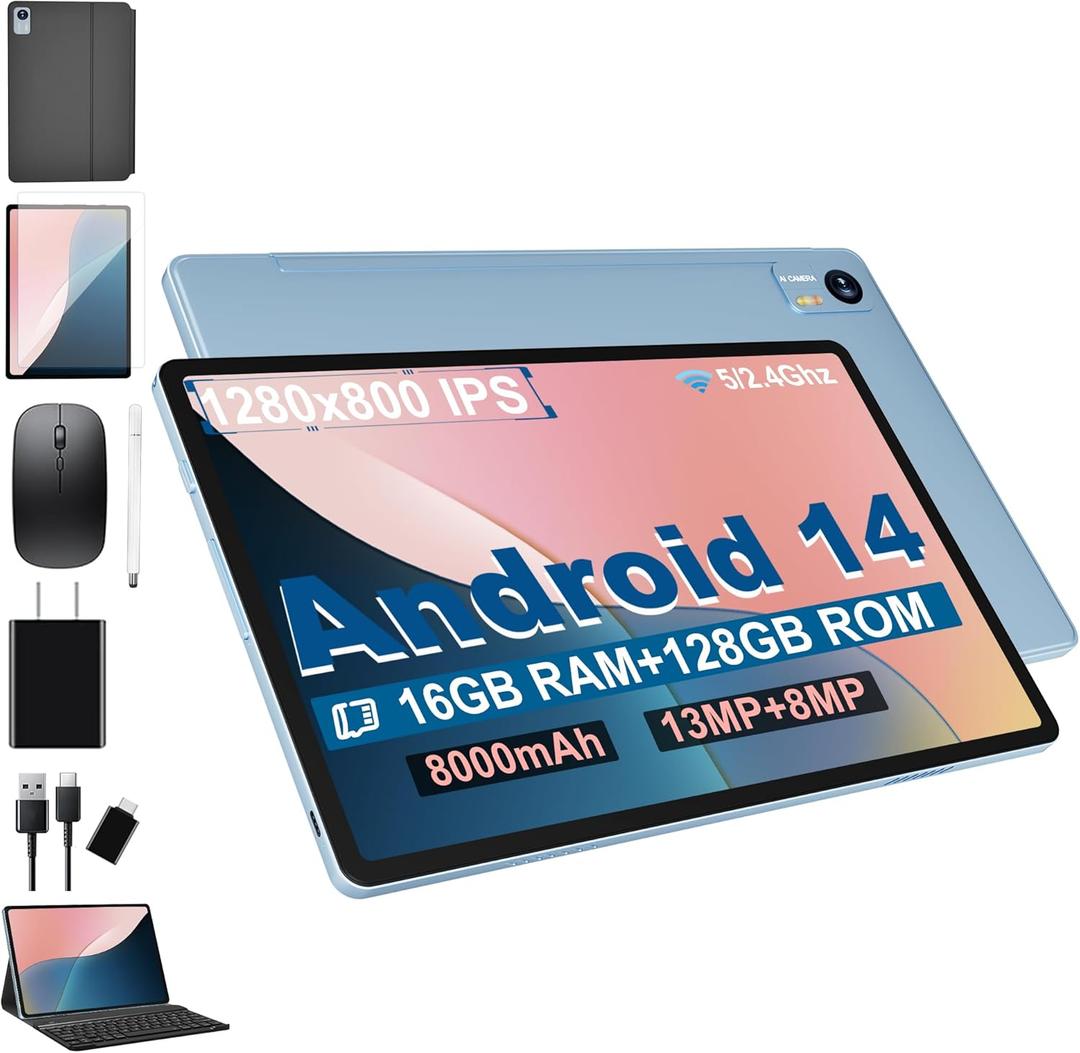 Android 14 Tablet with Keyboard16GB RAM 128GB ROM 1TB Expand, 8000mAh Battery, 10.1 inch Tablet with 13MP+8MP Camera/Bluetooth/GPS/WiFi/HD Display (Light Blue)