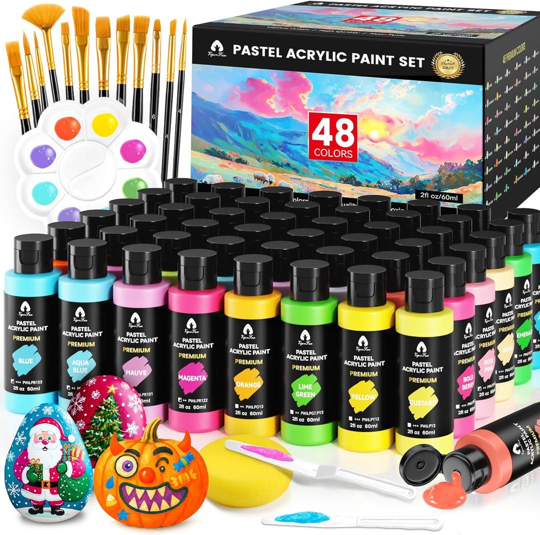64 Pcs Pastel Acrylic Paint Set with 12 Brushes, 2 Knives & Palette, 48 Colors (2oz/60ml) - for Adults, Kids, Artists & Beginners - Canvas Ceramic Rock Wood Egg Painting Kit
