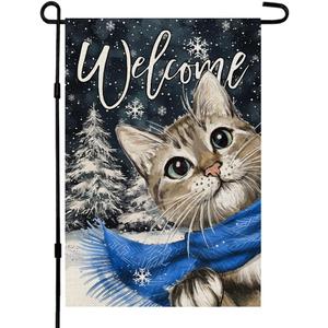 CROWNED BEAUTY Winter Cat Garden Flag 12x18 Inch Double Sided for Outside Small Welcome Burlap Holiday Yard Decoration CF1660-12 (Blue)