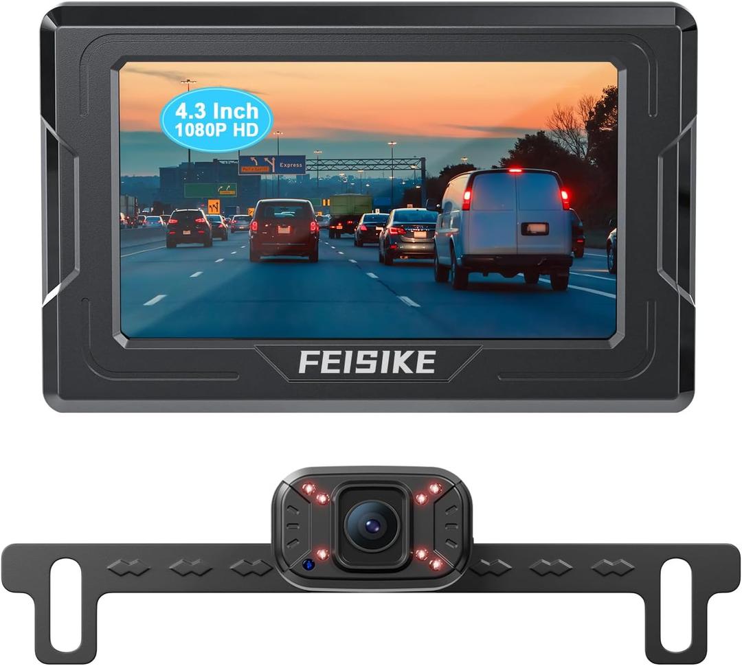 FEISIKE Backup Camera, 1080P IR Night Vision with Monitor, Easy Setup Plug-Play Rear View Camera, 150 Degrees Wide Angle, IP68 Waterproof, 4.3" Display for Car Truck SUV