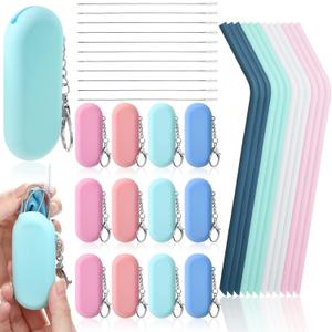Zubebe 12 Set Silicone Straws with Case Reusable Travel Portable Foldable Collapsible Drinking Straw with Carry Case and Cleaning Brushes for Home Travel Party Cold or Hot Drinks, 4 Color