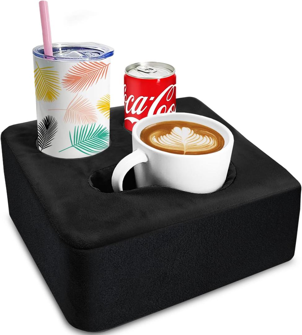 Couch Cup Holder Pillow Tray & Caddy - for Sofa, Bed, Car, Man Cave | Keep Drinks at Hand & Spill-Proof Accessories for New Parents, Camping, Park, Boat, Beach -Black (9.4" x 9.4" x 3.9")