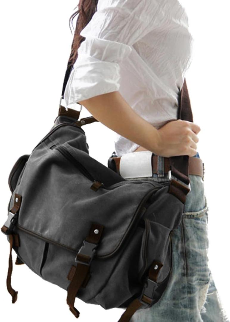[Upgraded] Vintage Canvas Messenger Bag 13 15.6 17 inches Large Book Laptop Shoulder Bag Women Men New (Black, Large)