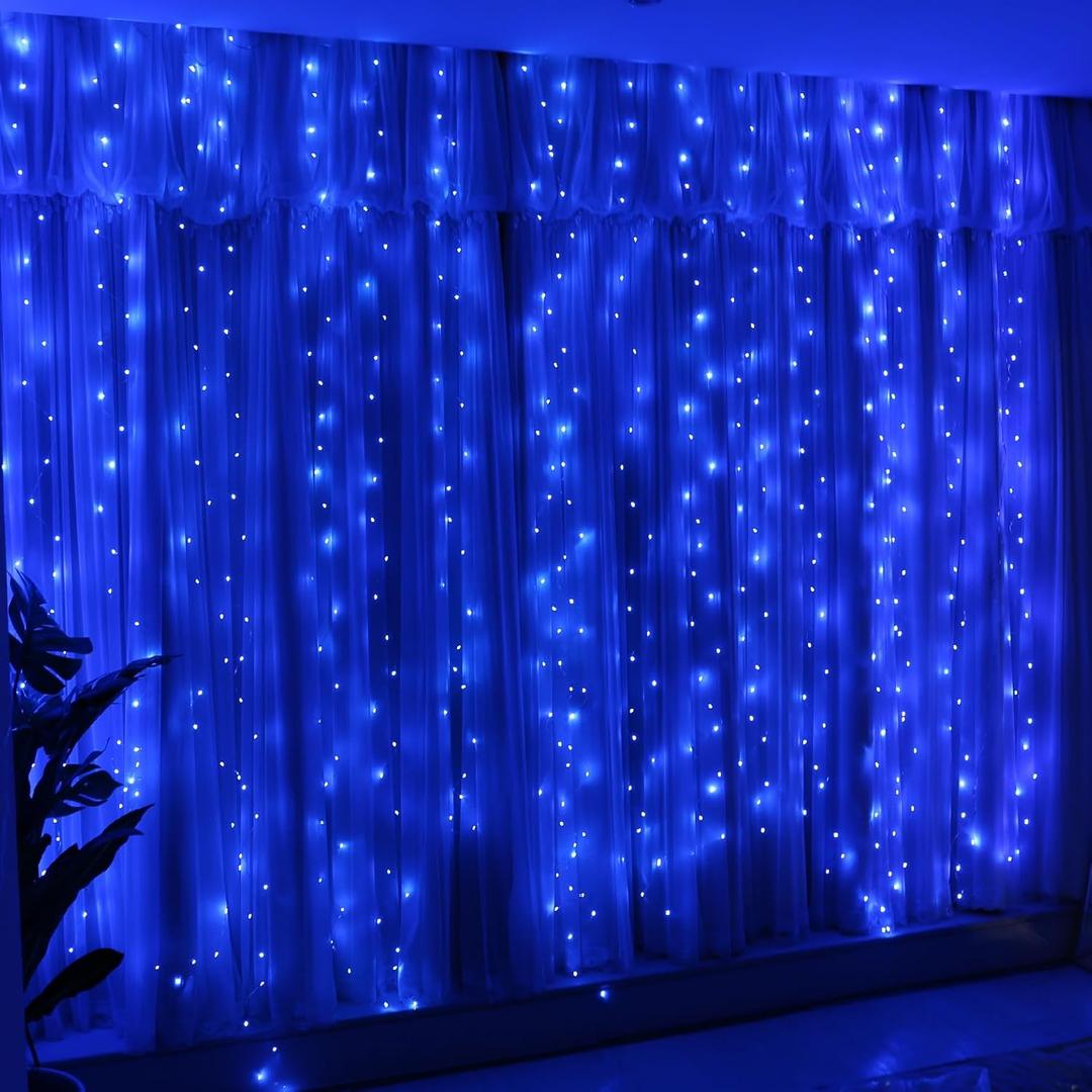 HXWEIYE 300LED Fairy Curtain Lights, 9.8x9.8Ft USB Plug-in 8 Modes Christmas String Hanging Lights with Remote for Bedroom Backdrop Wedding Indoor Wall Decor, Blue, Standard  1 Pack