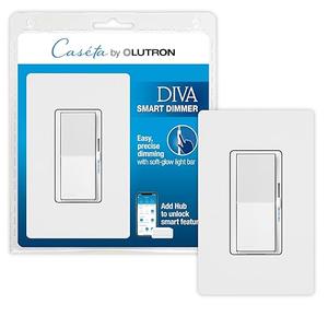Lutron Diva Smart Dimmer Switch for Caseta Smart Lighting (Lutron Smart Hub Required) w/ Wall Plate, for LED Lights, 150 Watt, Single-Pole/3Way, No Neutral Required, DVRFW-6L-WH-A, White