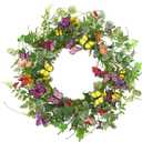 20" Artificial Spring Summer Wreath with Fake Butterflies,Eucalyptus Leaves,Daisy,Dry Vine Branches,Fern Leaves for Front Door Indoor Outdoor Farmhouse Wall Holiday Decor, White Gift Box Included (Yellow Butterflies and Purple Butterflies)