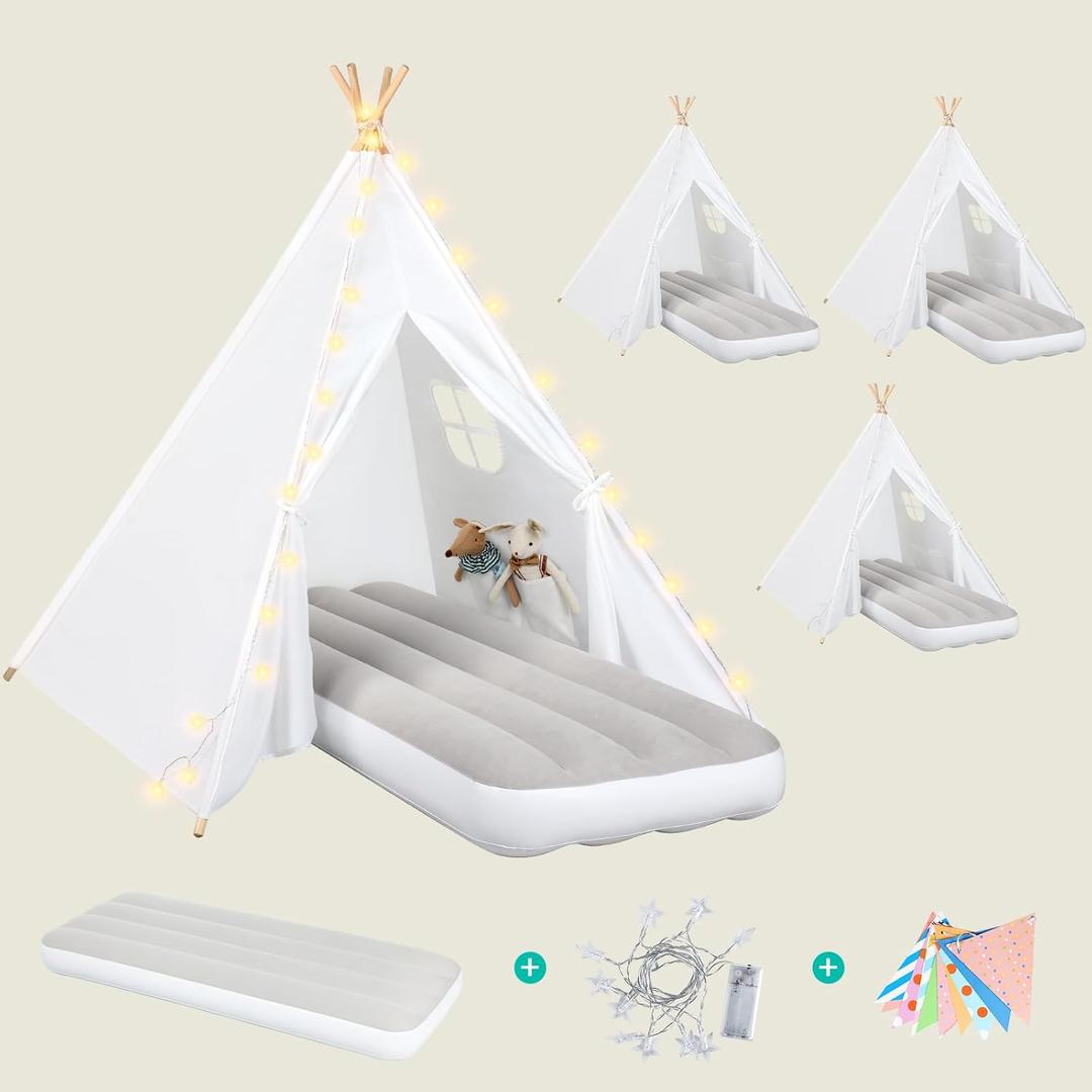 Wilwolfer 4 Pack Kids Teepee Tent - Play Tent with Star Lights, Colorful Flags & Inflatable Airbed  Foldable Toddler Playhouse, Sleepover Party Supplies Gifts