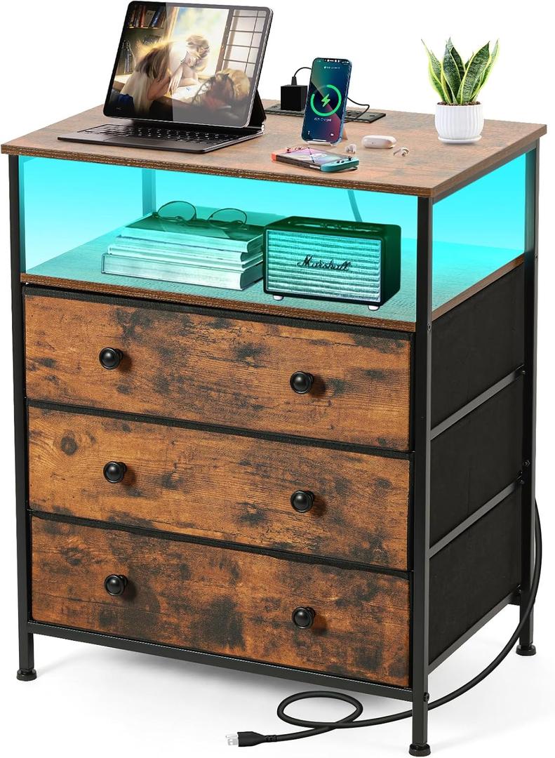 3 Drawers Dresser with Charging Station, 24 Inch Wide LED Night Stand with Adjustable Fabric Drawer, Nightstand with Storage Shelf for Living Room/Bedroom/Office, Rustic Brown., 15.8"D x 24"W x 29.5"H