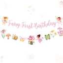 Tiamon Fairy First Birthday Decorations Banners Glitter Pink 1st Fairy Birthday Banner Hanging Garlands for Baby Girl Wonderland Garden Tale Themed Party Decor Supplies