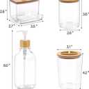 Bamboo Bathroom Accessories Set 4 Pcs - Clear Toothbrush Holder Plastic Soap Dispenser and 2 Qtip Holder Cotton Swab/Pad/Ball Container Jar
