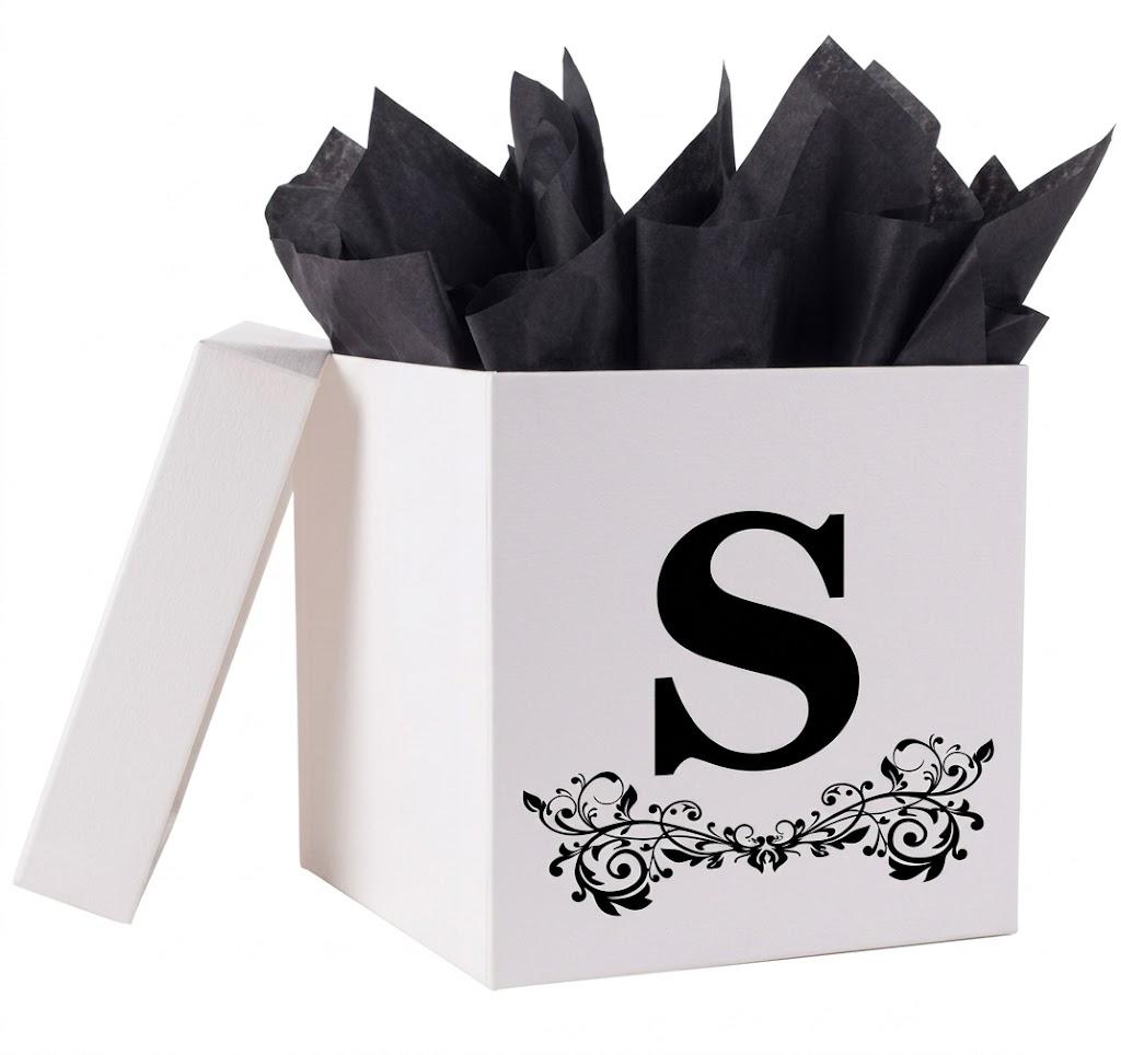 Jaywayang Letter Gift Box with Lid, Ribbon and Warpping Tissue, 8.7" White and Black Gift Box for Men Women Birthday, Baby Shower, Anniversary, Wedding Party Favor Christmas Decorative (Medium Letter S) 
