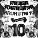 10th Birthday Decorations Balloons Boys - 28 Pcs Black Glitter Bruh I'M 10 Banner Garland Sash Foil Fringe Curtain Star Heart Number Balloons Decor For Teen 10 Year Old Bday Party Supplies