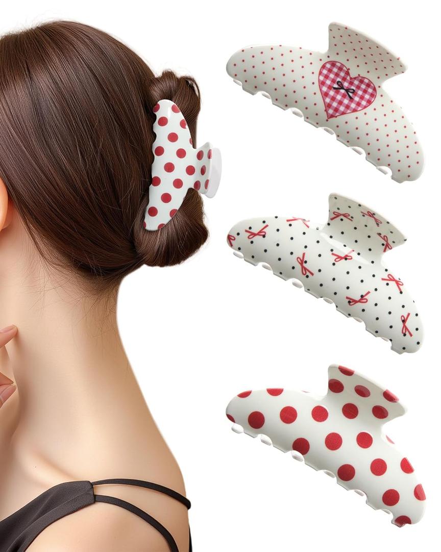 3Pcs Acrylic Hair Claw Clips for Women, Non-Slip 3.5" Banana Claw Clip, Heart Pattern, Valentine's Day Gifts (Polka dot/Heart)