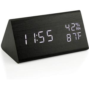 OCT17 Wooden Alarm Clock, Smart LED Digital Clock for Bedroom/desks, Upgraded with Time Temperature, Adjustable Brightness and Voice Control, Humidity Displaying - Black