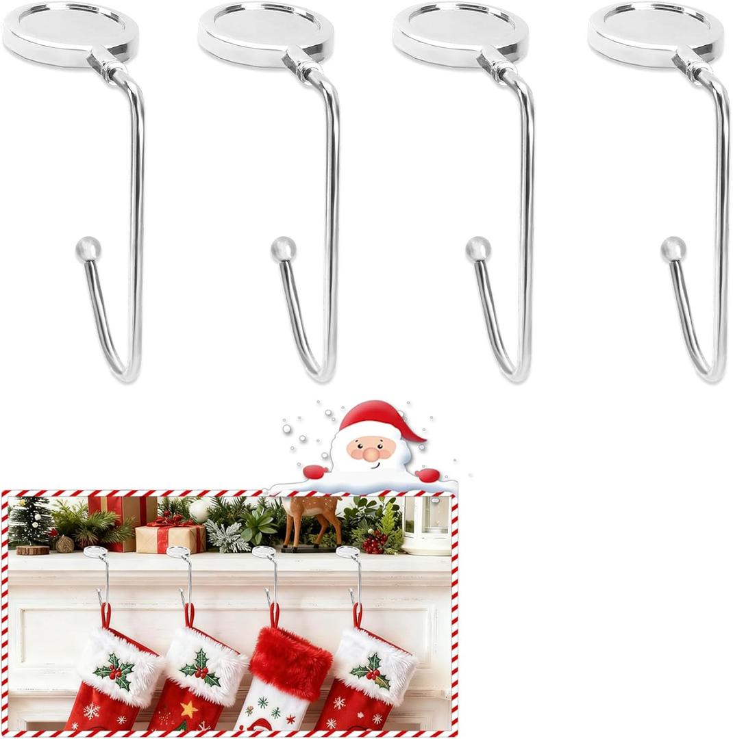 Christmas Stocking Holders for Mantle Set of 4, Non-Slip Mantel Stocking Hangers Hooks Christmas Silver Stocking Hangers for Fireplace Xmas Party Decoration (Silver)