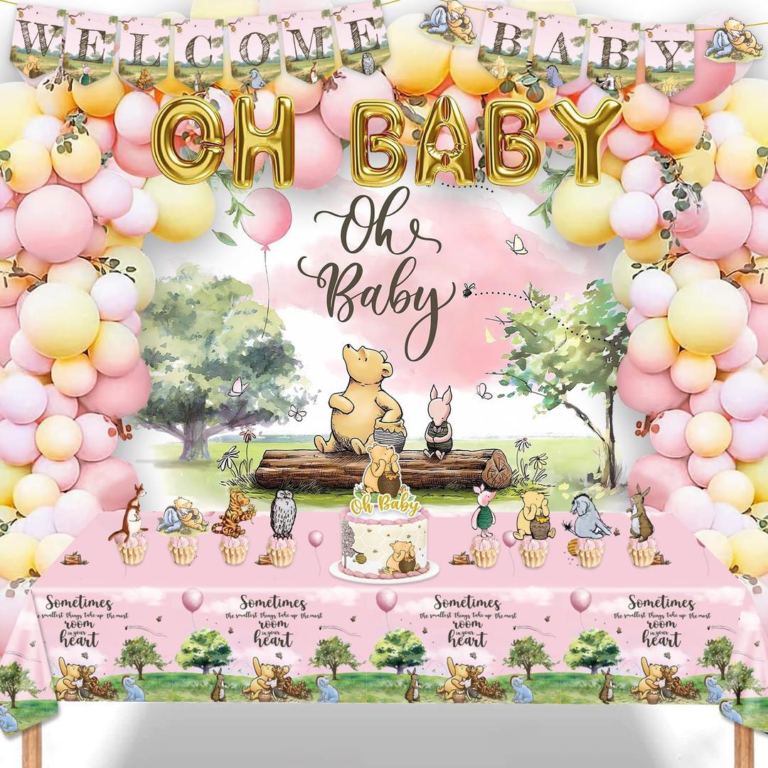 Classic Bear Baby Shower Decorations Oh Baby Balloons, Vintage Bear Balloon Arch Kit, Classic The Pooh Backdrop Cake Topper, Bear Baby Tablecloth Decorations for Girl Baby Shower