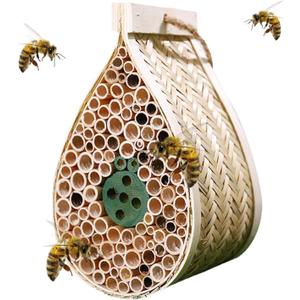 Mason Bee House, Pollinating PalaceHanging Wooden bee House Habitat with Bamboo Tubes for The Garden and Yard Bee Hotel for Pollinators