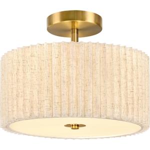 2 Light Semi Flush Mount Ceiling Light Fixture 12.6 Inch Modern Gold Drum Ceiling Light Fixture with Pleated Fabric Shade Dimmable Close to Ceiling Light for Living Room Hallway Bedroom Entryway