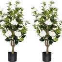 2 Pack 3FT Artificial Camellia Tree Fake Outdoor Tree with 28Blooming Flowers White Tree for Home Front Door Winter Christmas Indoor Decor