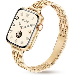 Melyis Slim Metal Band Fits Apple Watch Bands for Women 42mm(Series 11/10) 40mm 41mm 38mm, Dressy Stainless Steel iWatch Bands, Thin Band for Apple Watch Series 11 10 9 SE 8 7 6 5 4 3, Gold