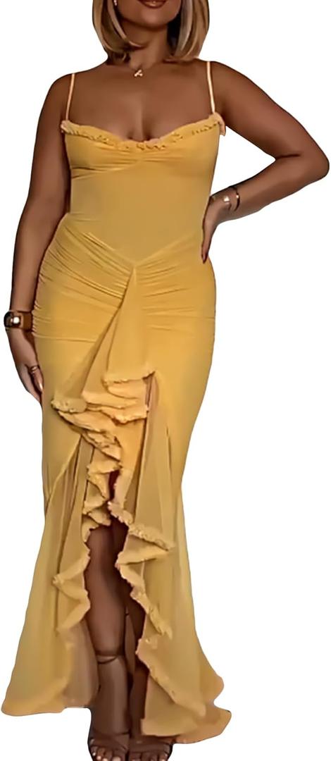 Voghtic Women's Sexy Ruched Mesh Ruffle Hem Bodycon Wedding Guest Dress Spaghetti Strap Slit Party Cocktail Maxi Dresses (Large, Yellow) Voghtic Women's Sexy Ruched Mesh Ruffle Hem Bodycon Wedding Guest Dress Spaghetti Strap Slit Party Cocktail Maxi Dresses (Large, Yellow)