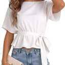 Womens Summer Tie Front Blouses 2026 Crew Neck Batwing Short Sleeve Basic Tops Shirts