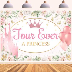 Four Ever a Princess Backdrop - Princess Castle 4th Birthday Banner, Four Ever a Princess Birthday Party Decorations 7x5ft