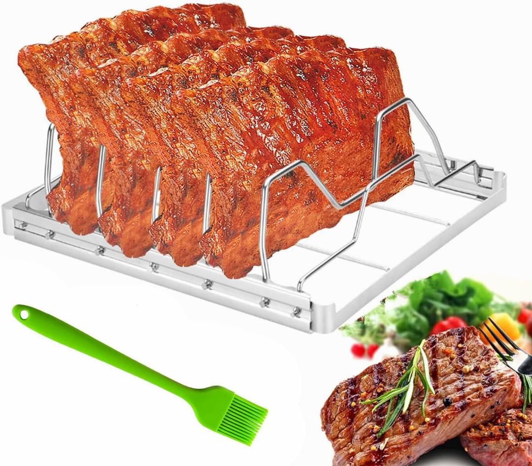 Rib Rack for Smoking, Foldable Rib Rack, Stainless Steel 4 Slots Rib Racks for Grilling, Smoker, and BBQ Accessories, Foldable Roasting Rack