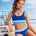 Girls Bathing Suit Color Block Bikini Sets Girls 2 Piece Swimsuit Adjustable Straps Girl Swimsuit with Chest Pad 9-16Y (Blue)