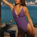 LASLULU Women's Sexy One Piece Swimsuits V Neck Padded Bathing Suit Modest Front Cutout Open Back Slimming Swimsuit (Purple, S)