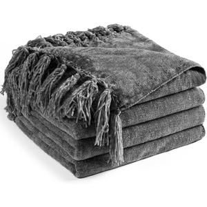 Chenille Throw Blanket for Couch 60"X 80" Twin, Soft Cozy Throws with Fringe Tassel for Bed Sofa Chair Cover, Lightweight Knitted Decorative Boho Blankets for Living Room, Dark Grey
