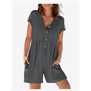MEROKEETY Women's Summer Cap Sleeve Jumpsuits 2025 Casual V Neck Button Short Romper with Pockets XL