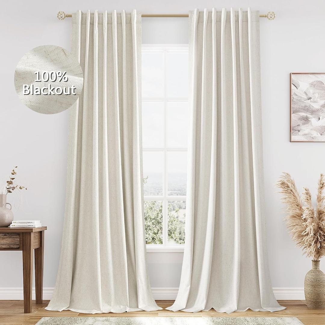 Guken Cream Linen Blackout Curtains 90 Inch Length 2 Panels Set for Living Room Bedroom Back Tab Thermal Insulated 100% Black Out Linen Drapes Room Darkening Window Curtains