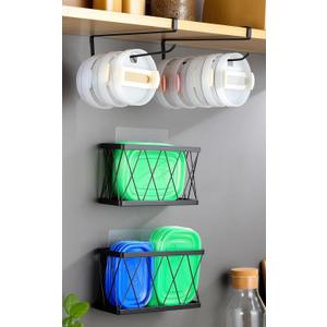 YIGII Adhesive Cabinet Organizer - Wall Mounted Pantry Door Organizer Bin Holder for Tupperware Lid Kitchen Wall Under Sink Basket Slim Space Black Stainless Steel