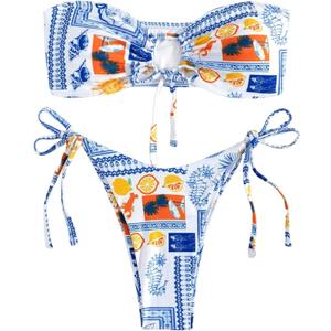 ZAFUL O Ring Bandeau Bikini Sets for Women Sexy Strapless Swimsuits 2 Piece High Cut Bathing Suit (Medium, Printed-white)