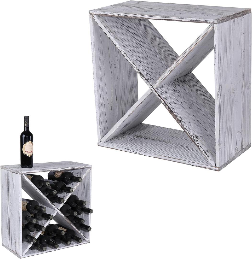 Wine Rack countertop Wooden Stackable Storage Rustic Retro Style Cube 24-Bottle Wooden Wine Rack Wine Cabinet (Weathered White), ja02