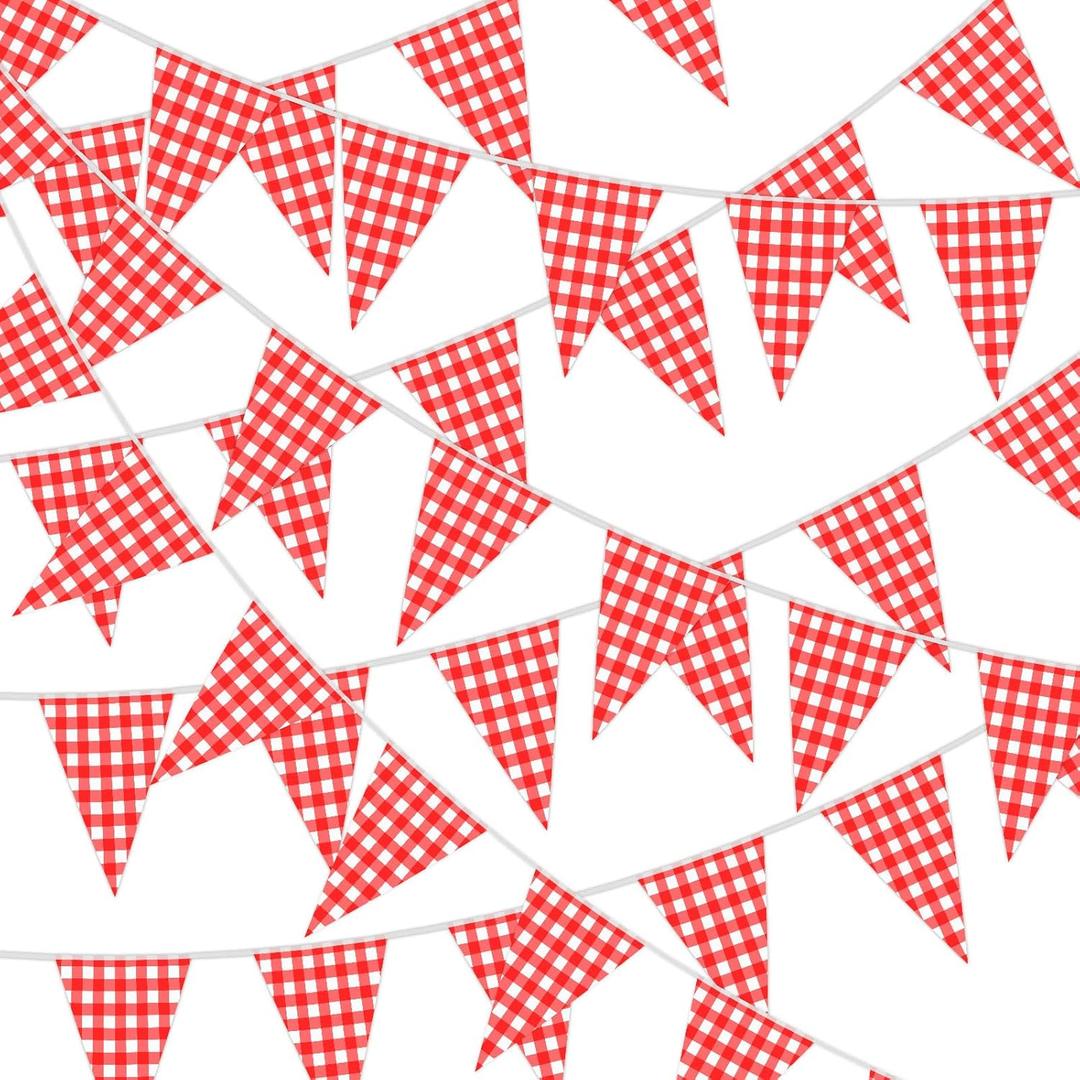 MARFOREVER 164 Ft Red and White Checkered Flag Banner, 80 Pcs Red Plaid Pennant Banner Flag Gingham Picnic Party Decorations for Carnival Birthday Red Checkered Outdoor Indoor 17.7 x 11.8 inches