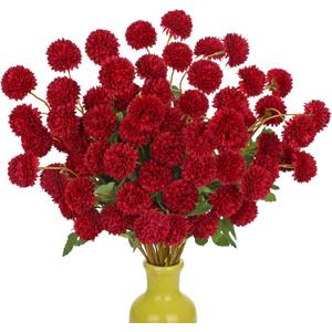 Briful 12pcs Artificial Kiku Mums Flowers  Realistic Silk Pom Pom Faux Chrysanthemums for Home Dcor, Wedding Centerpieces, Vase Arrangement, Fall & Spring DIY Decorations, Red (1.96'' Dia. Blossom, 1.96'' Dia. Burgundy)