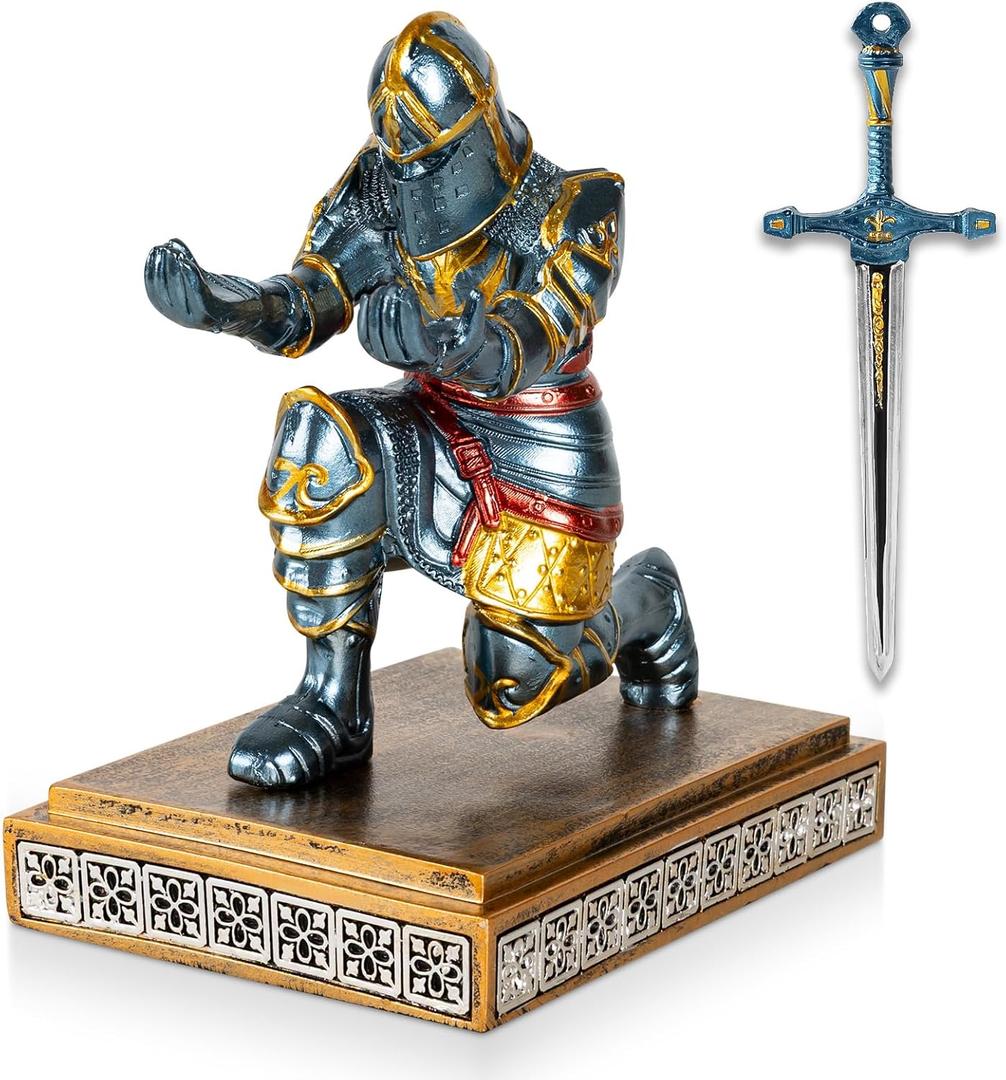 MACLARONX Kneeling Knight Pen Holder with Sword Medieval Warrior Fancy Pencil Stand for Office Desk Home Decor for Men Father Husband Armor Soldier Statue