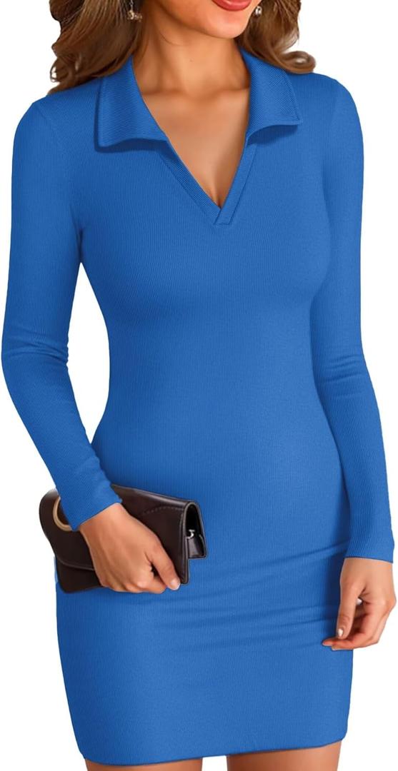 VICHYIE Women Lapel Neck Ribbed Bodycon Tight Fall Dress Long Sleeve Mid Thigh Pencil Above Knee Dresses (XL, Blue)